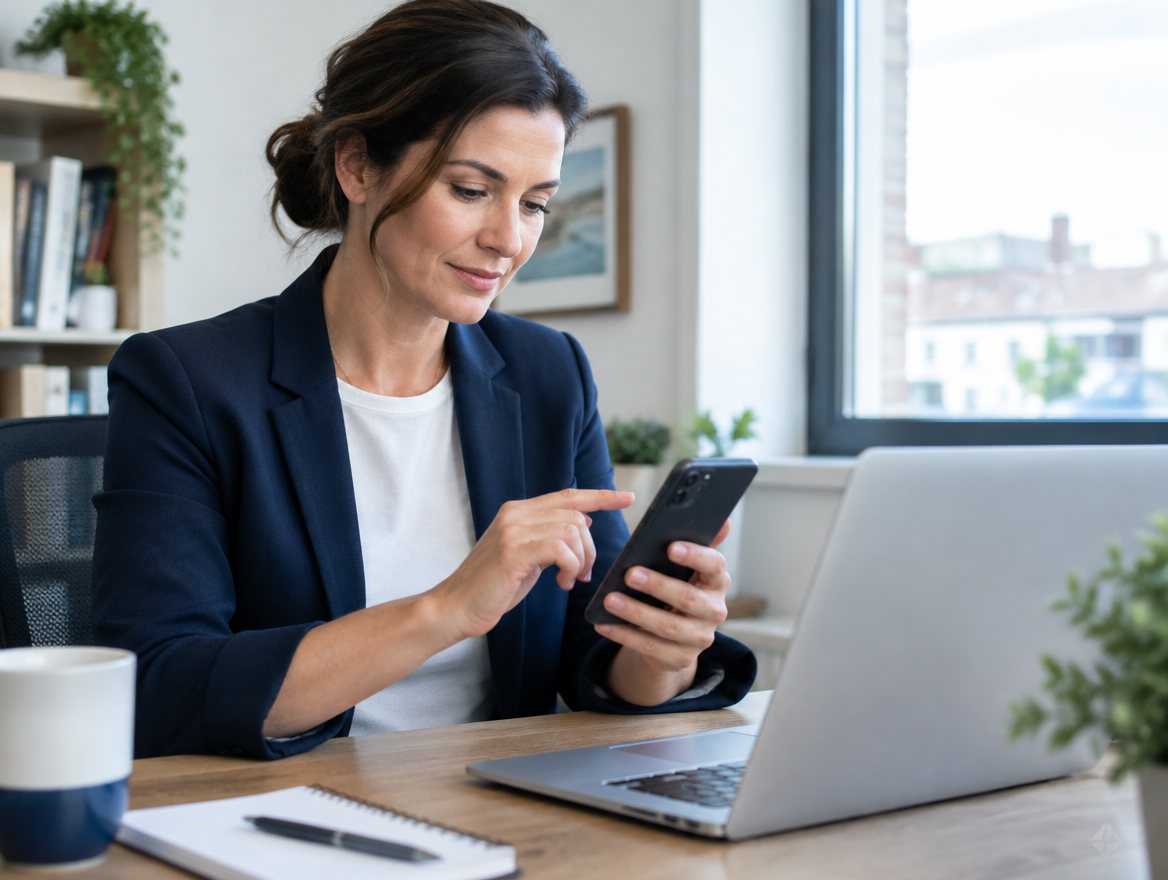 Small business owner working securely on a laptop in a UK office