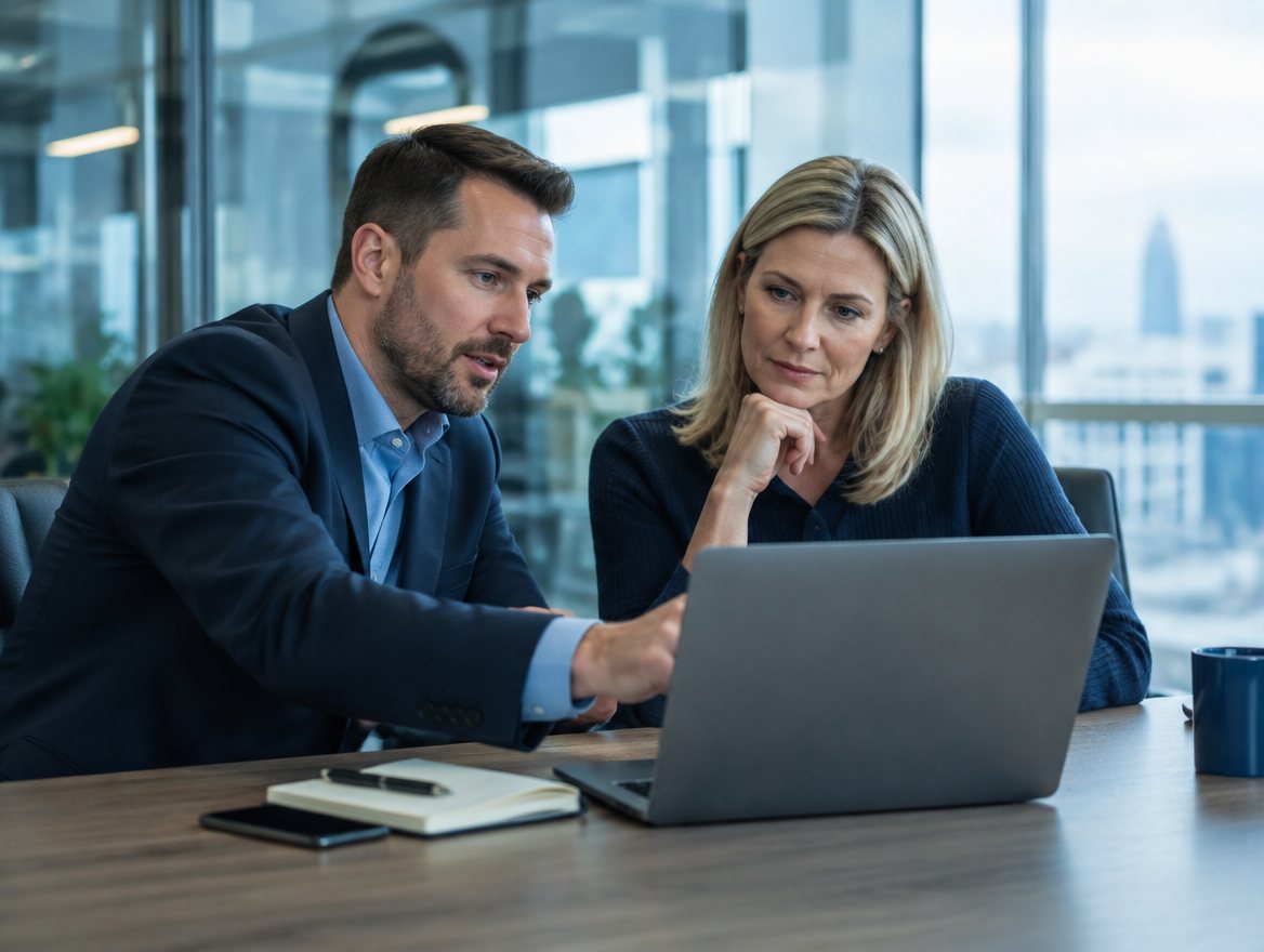 Cyber security consultant reviewing a laptop with a business owner