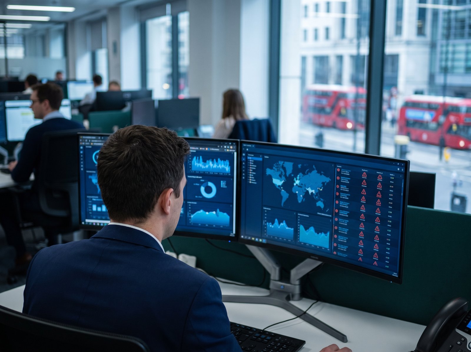 Security analyst reviewing a monitoring dashboard