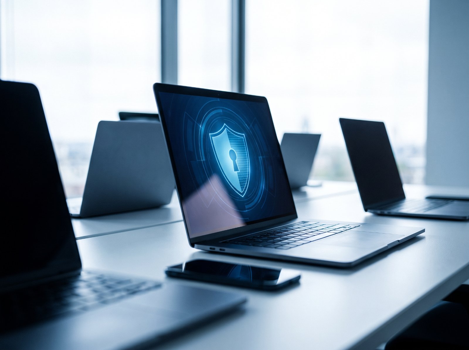 Business laptops and phone protected by endpoint security