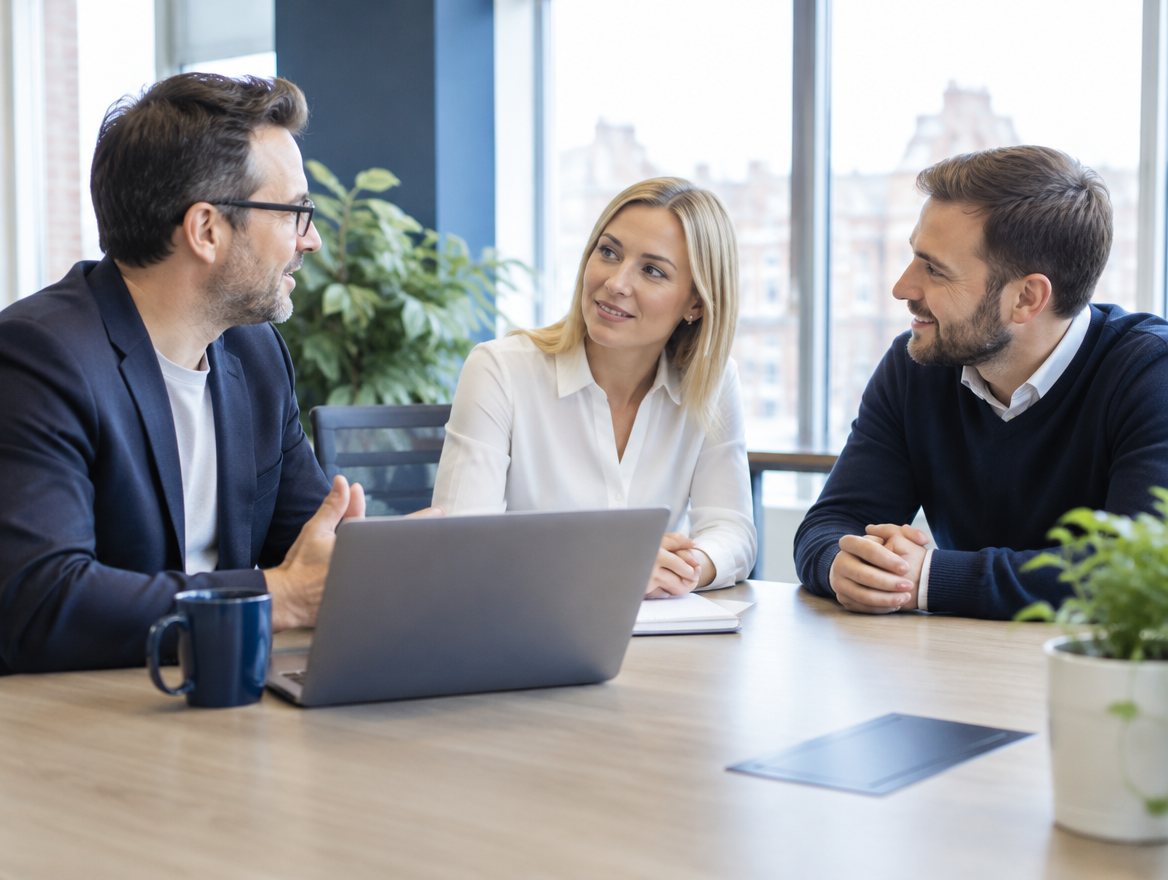IT consultant meeting two members of staff around a laptop
