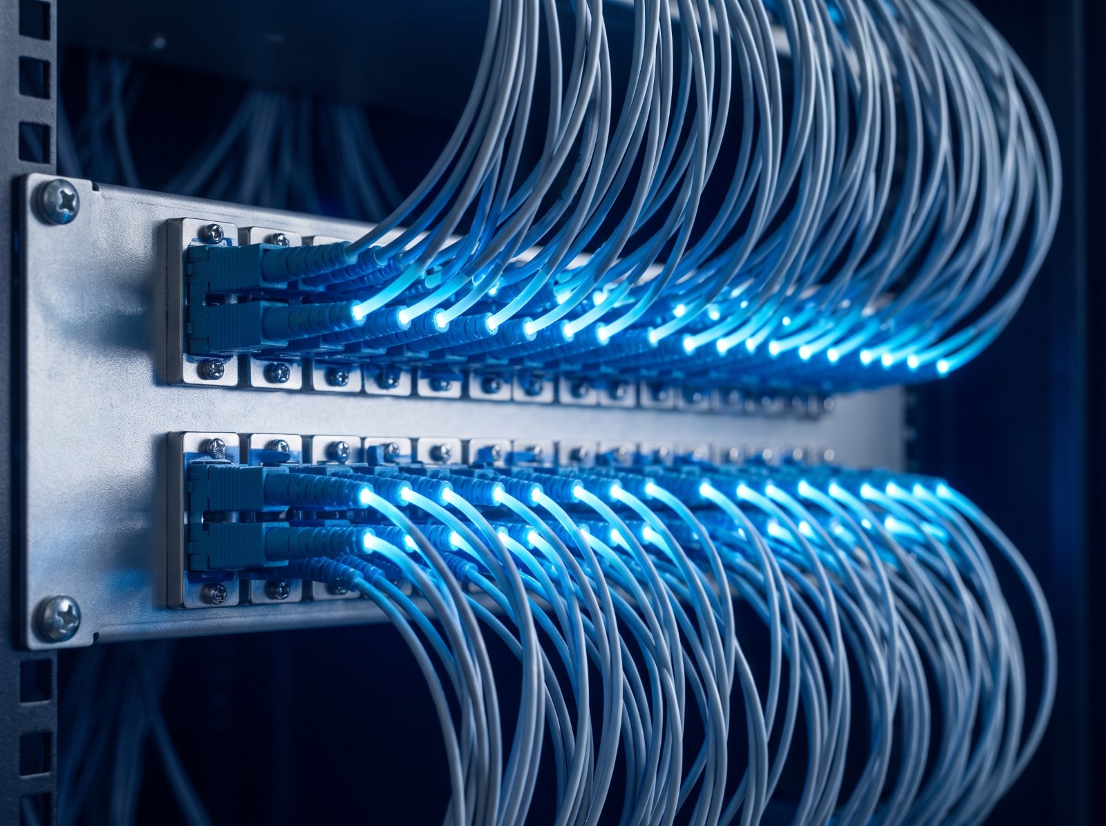Fibre optic cables connected to a termination panel