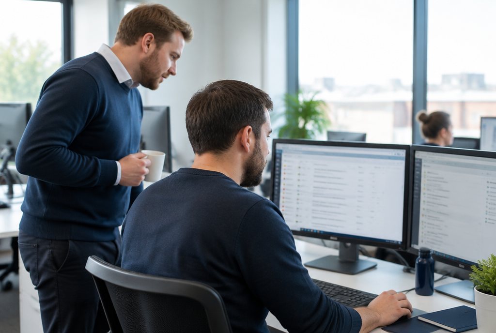 IT support engineers reviewing a ticket queue together