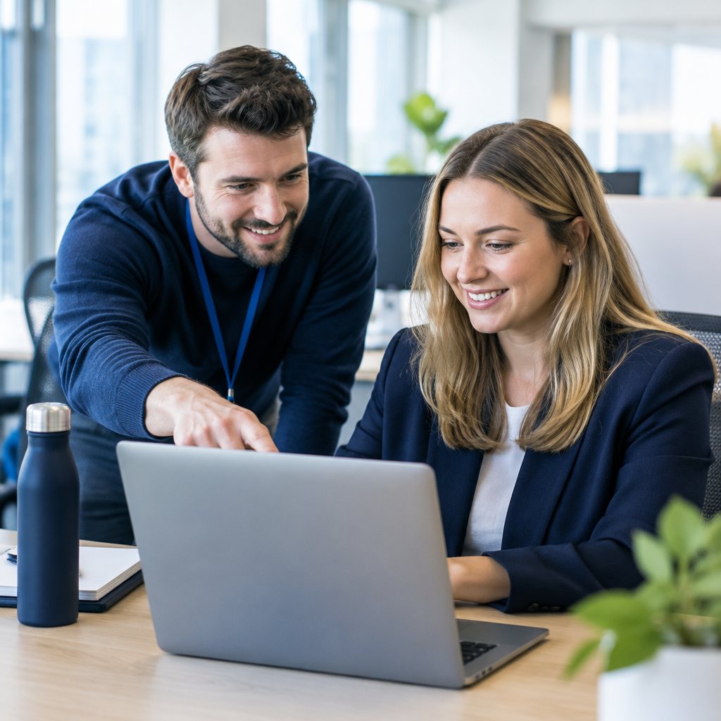 IT engineer showing an office worker a fix on her laptop