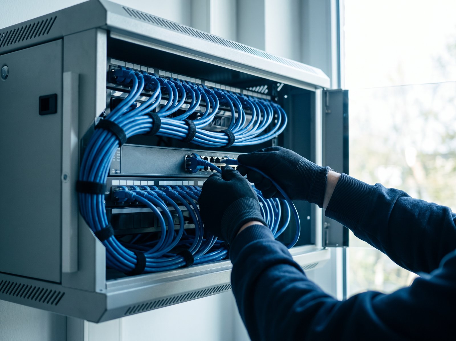 Engineer patching cables into a network switch