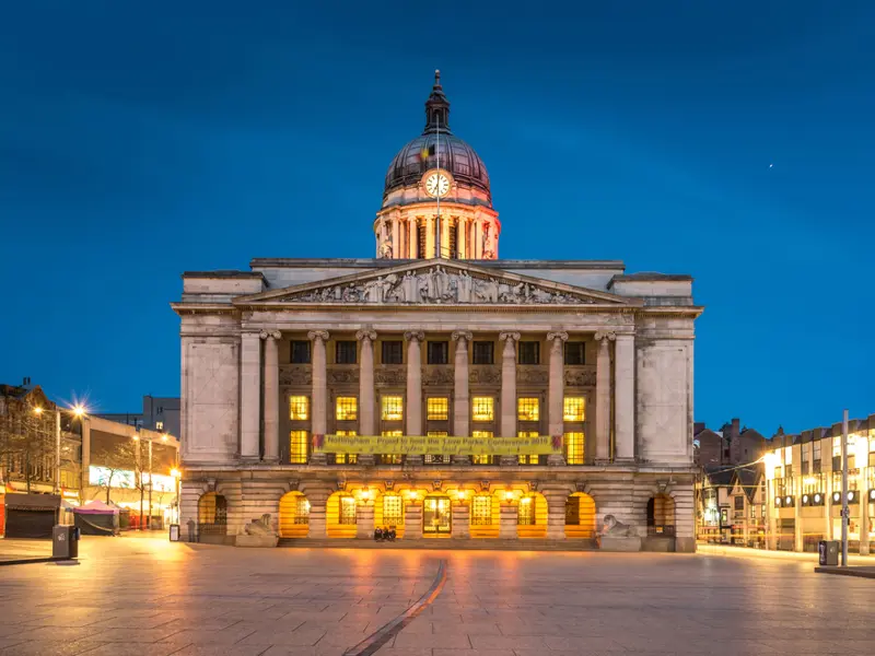 Nottingham Council House in Old Market Square at dusk