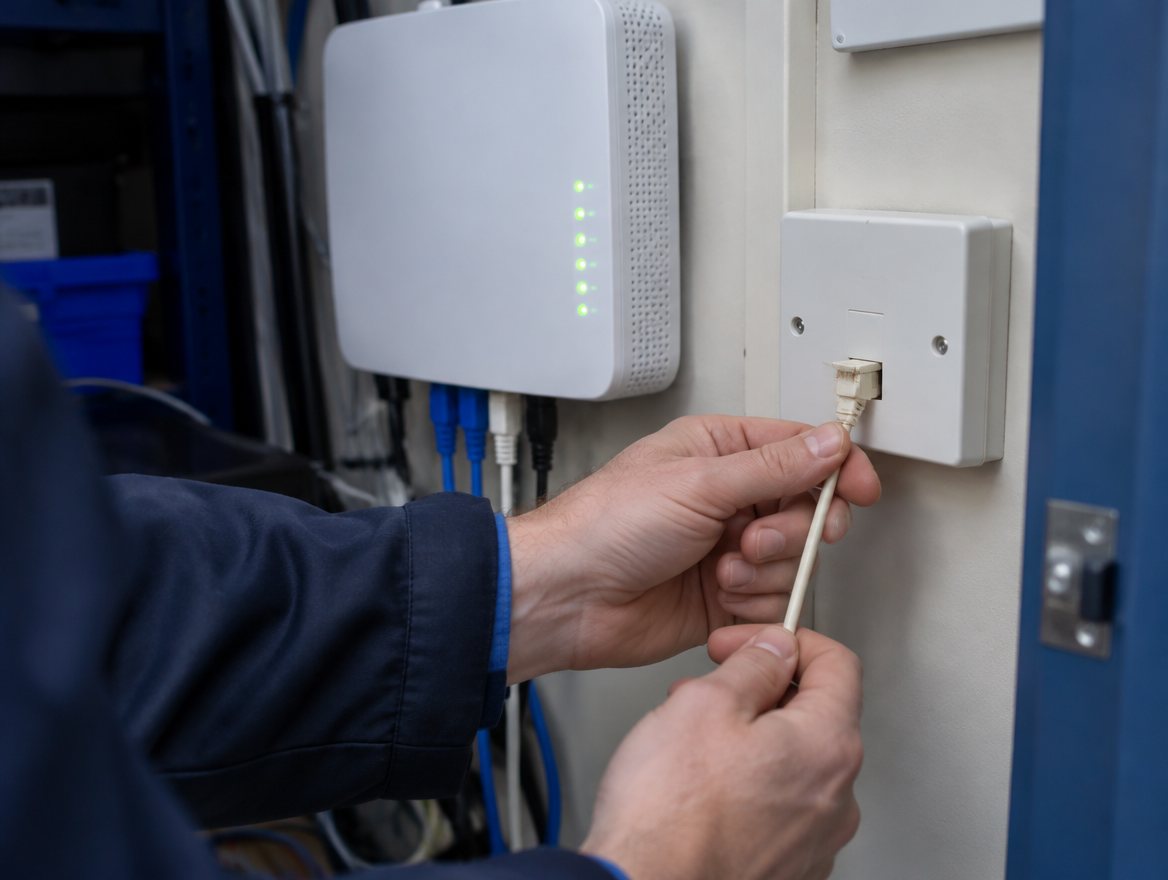 Engineer unplugging an analogue phone line next to a fibre router