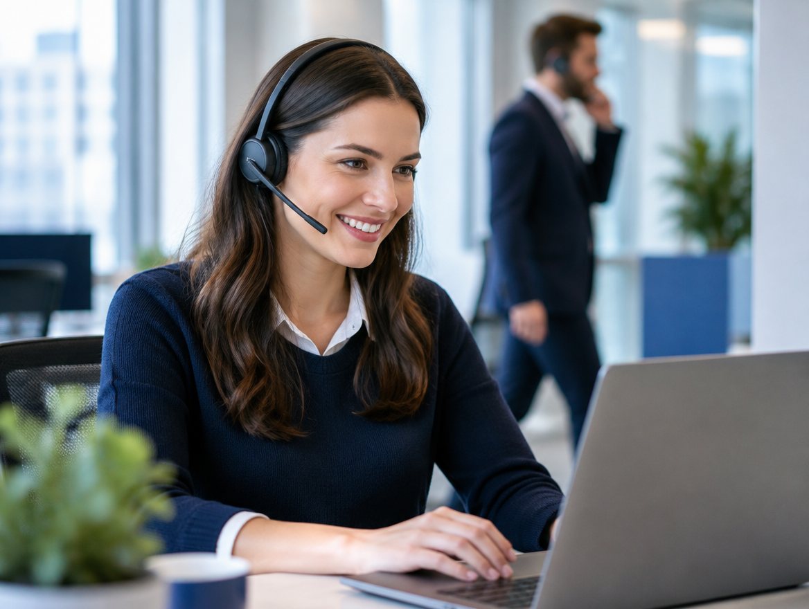 Office worker taking a call on a laptop softphone with a headset