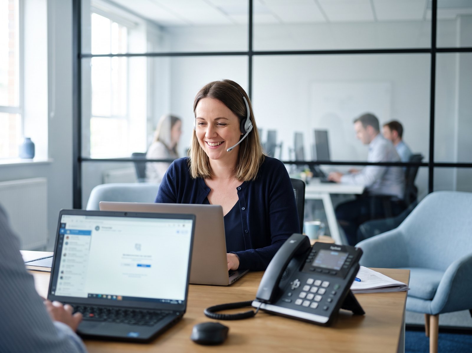 Receptionist taking a call on a headset beside a VoIP desk phone